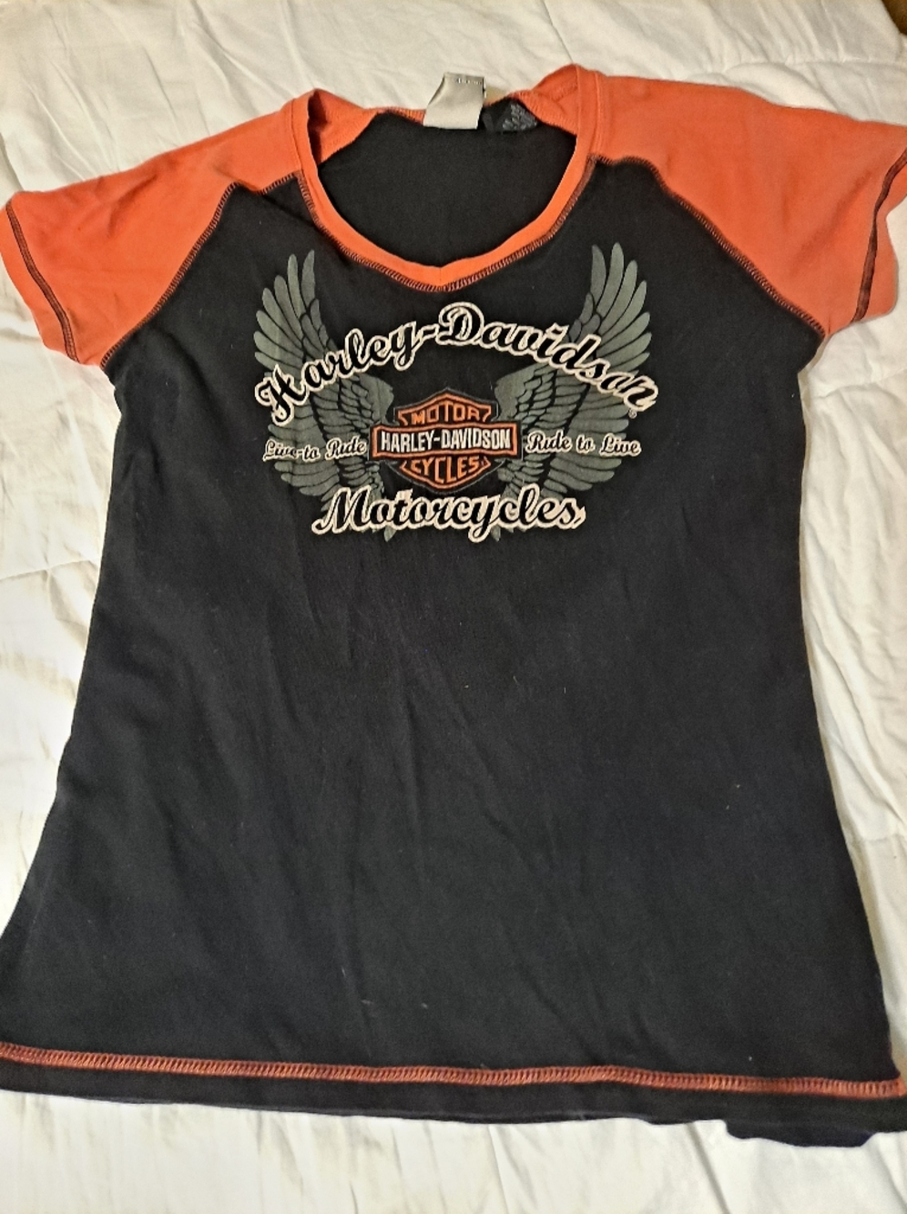 Harley-Davidson Black Tee with Orange Accent and Winged Logo